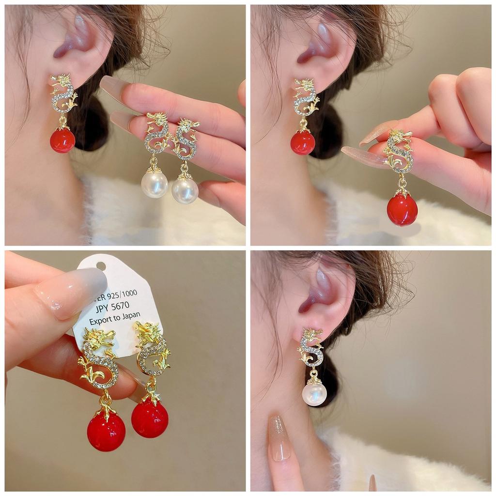 Fashionable and Stylish Dragon Earrings Jewelry Sophisticated Diamond Inlayed Dragon Earrings Elegant Pearls Ear Pendant