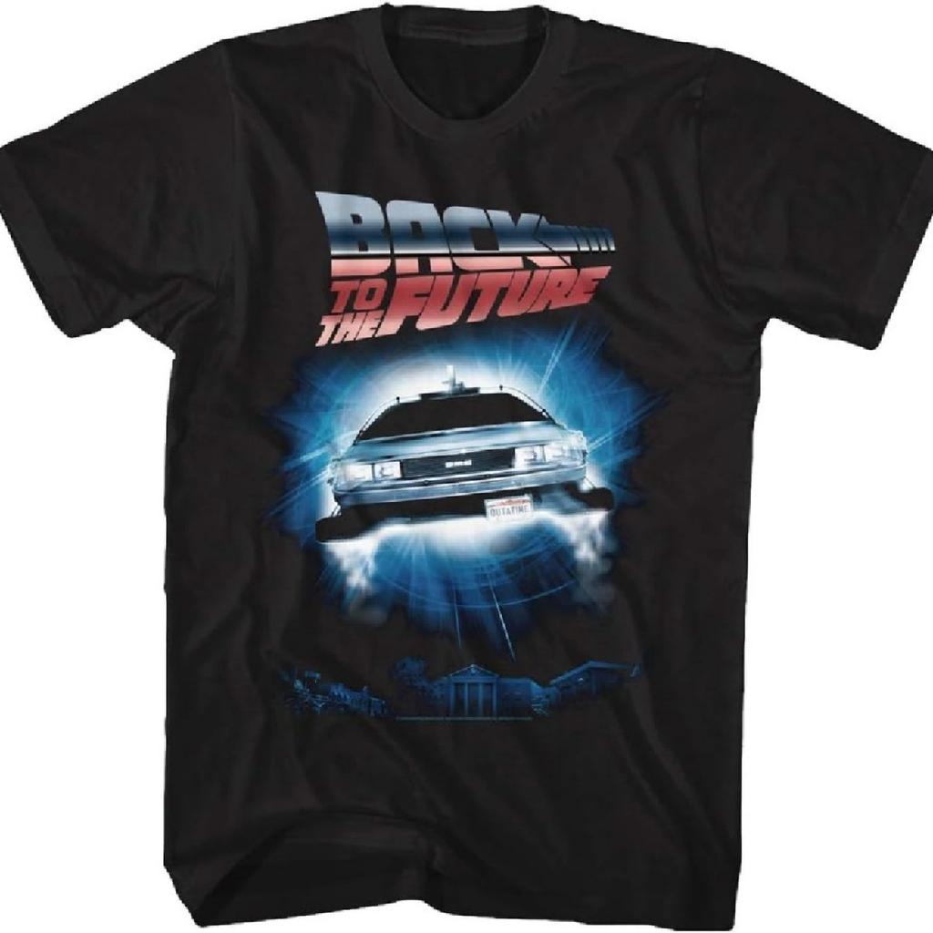 Back to The Future 80s Iconic Movie Time Machine in Flight Adult Short Sleeve T-Shirt Graphic Tee