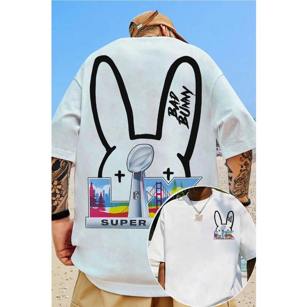 Двусторонняя оверсайз футболка Bad Bunny x Super Bowl LIX Сан-Франциско, Унисекс, Уличная одежда для фанатов латинской музыки и НФЛ, 100% хлопок, Повседневная, С коротким рукавом 4XL