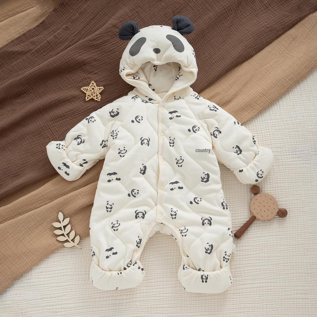 Infant Winter Cotton-Padded Hooded Romper with Mittens & Booties