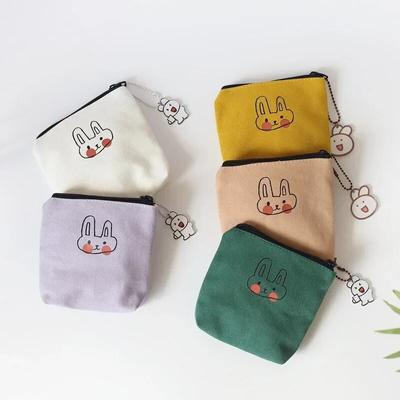 Square Canvas Coin Money Organizer Bags Cute Rabbit Small Wallet Pouch Cards Keys Earphones Storage Bags Rabbit Pendant Random
