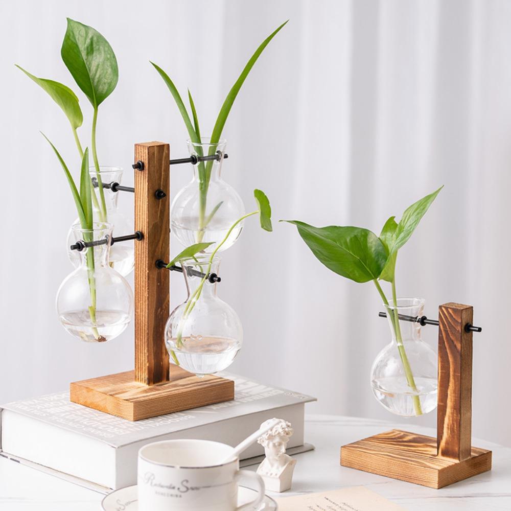 Innovative Hanging Wooden Frame Glass Hydroponic Vase Green Ivy Glass Vase Flower Container Desktop Decoration Ornament