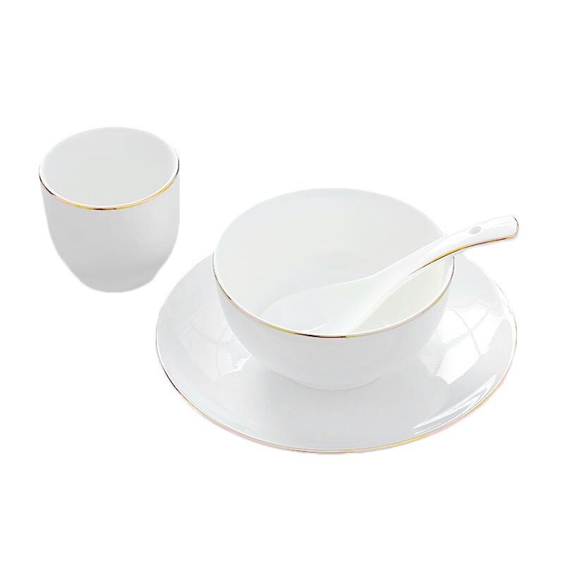 Cideen Chinese Ceramic Gold Rim 4-Piece Dinnerware Set Chinese Style Ceramic Gold Rim Plate & Bowl Set