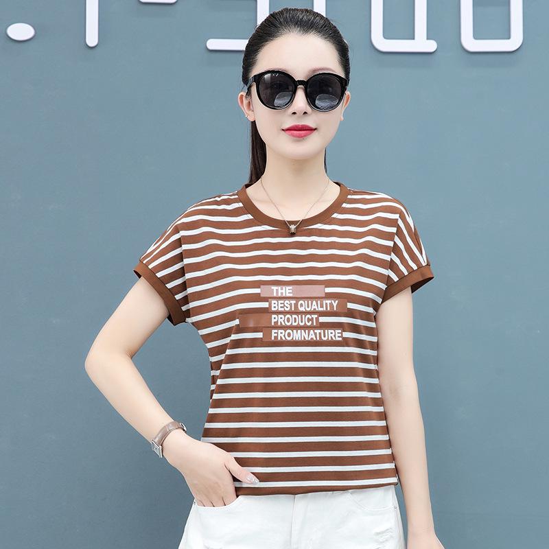 

Women s White Striped Pure Cotton Short-Sleeve Round Neck T-Shirt, Summer 2025 Collection, Loose Fit 4XL кофейный