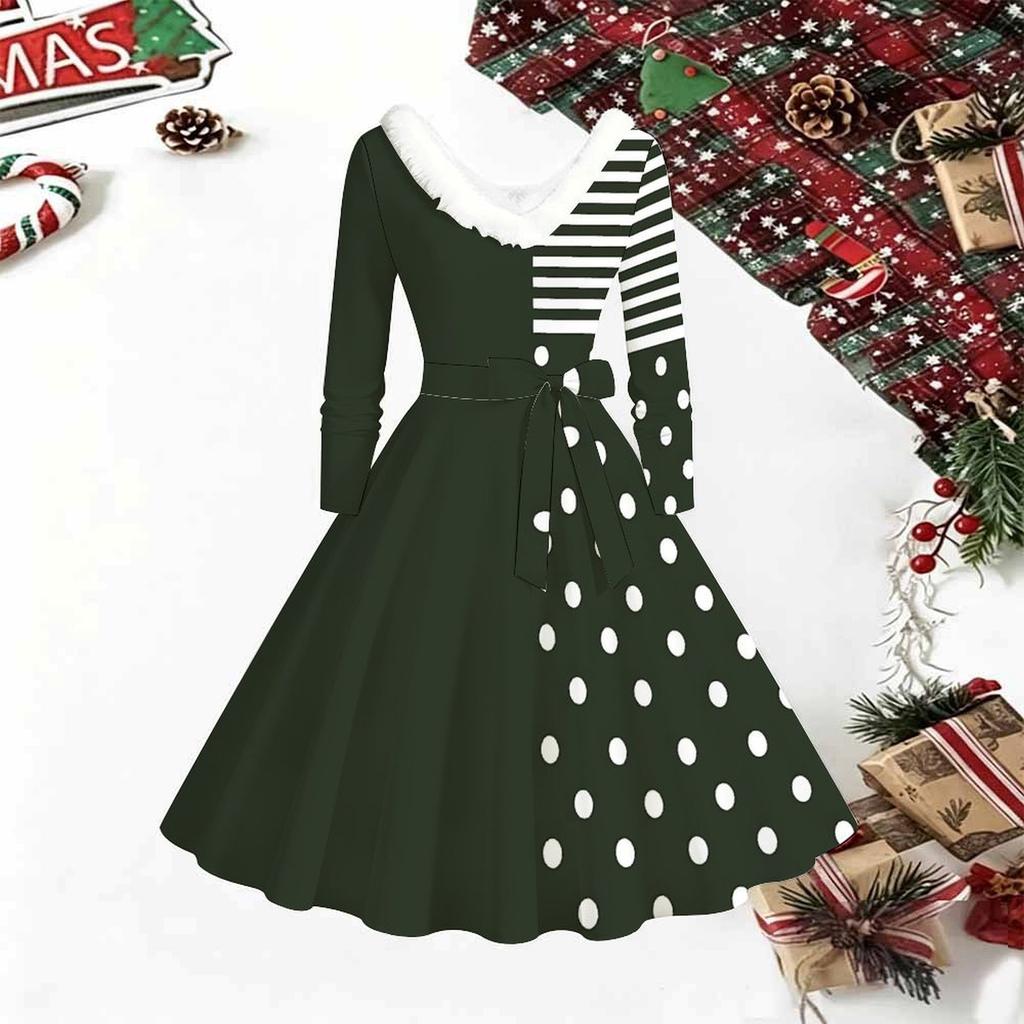 Women Polka Dot Print Midi Dress, Long Sleeve V‑Neck Furry Trim A‑Line Party Dress, Christmas Limited Edition
