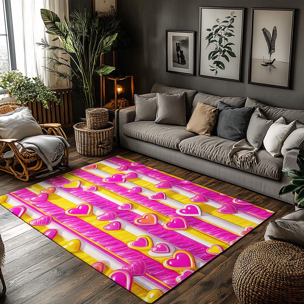 

3D Pink Yellow Heart Rug, Shimmery Striped Love Carpet, Plush Non-Slip Mat for Bedroom, Girls Room Decor with Rosy Glitter 50x80cm