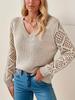 Spring/Autumn Long Sleeve Hollowed Out Knit Sweater Women's Pullover Crochet Flower Pile Loose V-Neck Base Top