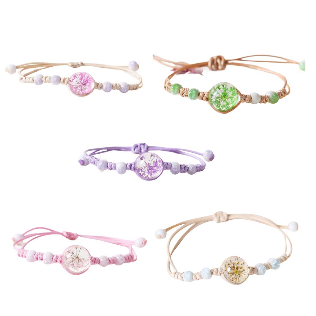Adjustable Waxed Cord Bracelet Handmade Ceramic and Glass Flower Beads Wristchain Everyday Wear Wristband Jewelry