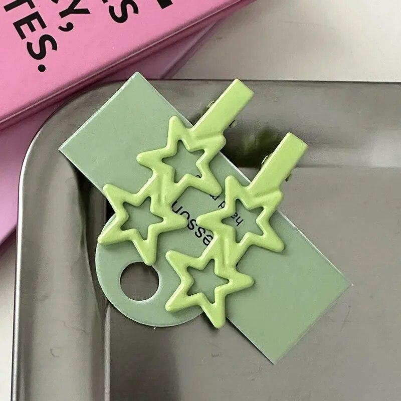 2pcs Sweet Cute Star Hair Side Clip Broken Hair Fixed Clip Bangs Clip Colorful Metal Pentagram Duckbill Clip Hair Accessories