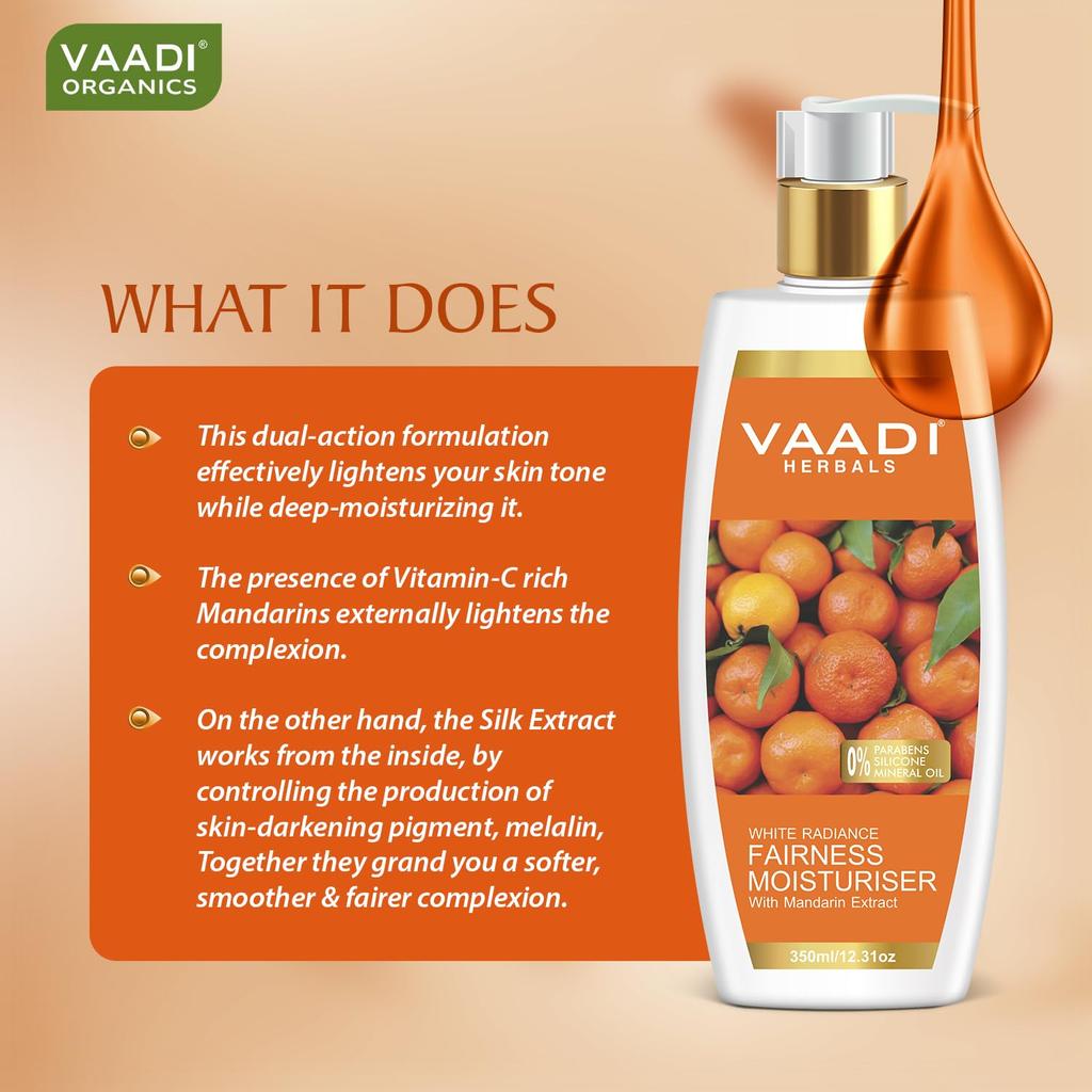 Vaadi Herbals Mandarin Extract Fairness Moisturiser 350 Ml Deep Hydration Lotion For Smooth Even Tone Daily Skin Care