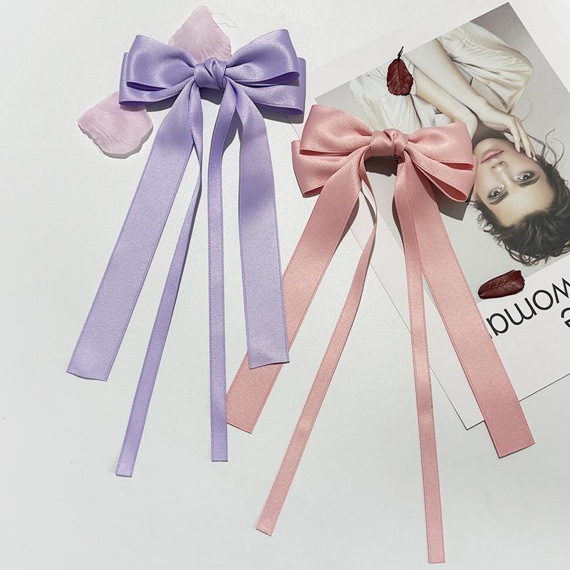 

2 PCS Fashion Double Bowknot Hair Clips for Women Trendy Girls Ribbon Long Tail Bow Barrettes Solid Color Hair Accessories