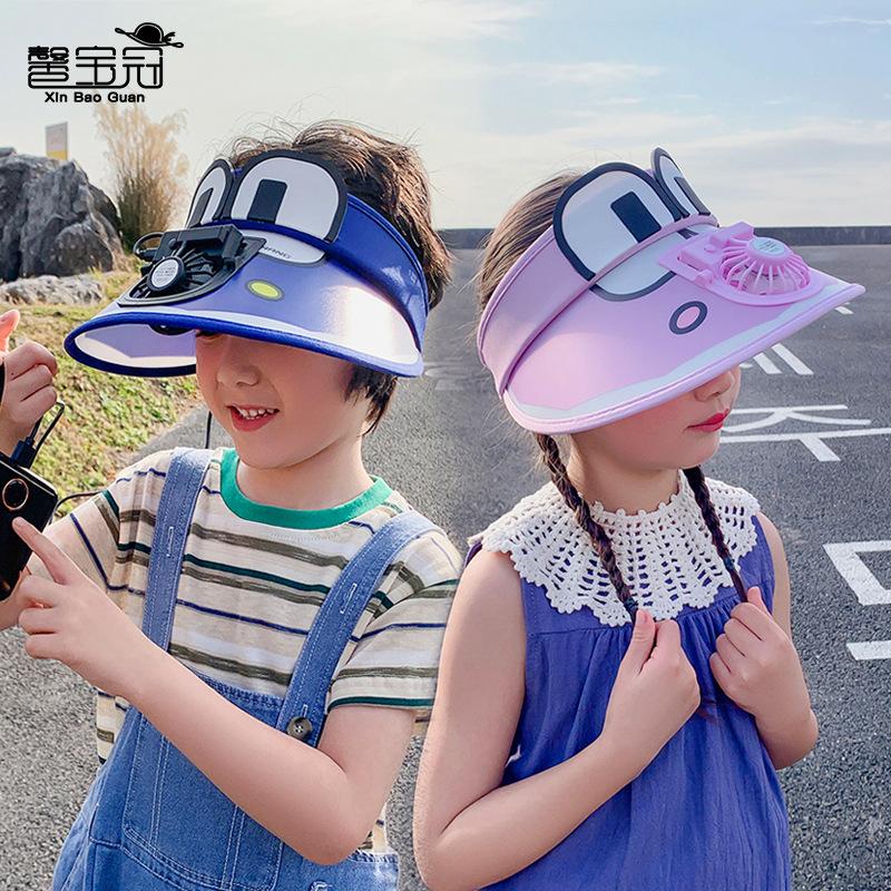 1101 Summer Children's Hats with Fans, Boys and Girls Sunscreen Visor, Cartoon Cute Big Brim Empty Top Hat