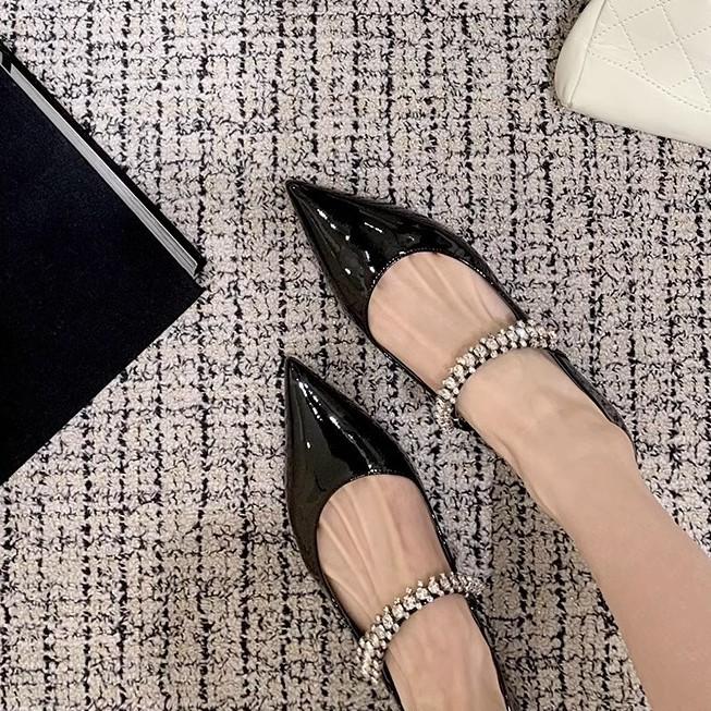 Sheepskin version~ Grape mother, the same elegant small pointed sparkling diamond with versatile leopard print light mouth Mary Jane single shoes wom