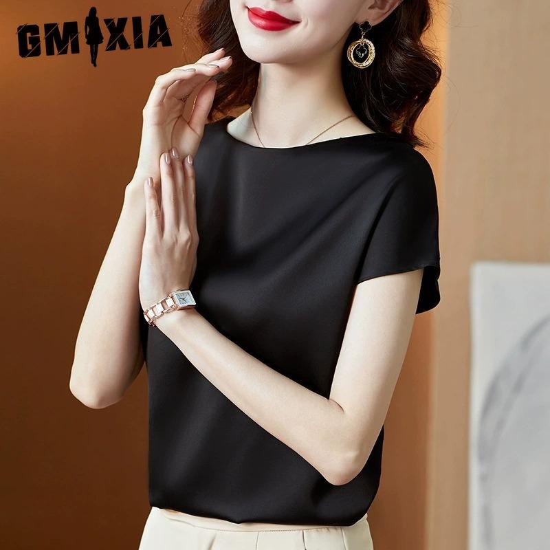 GMXIA Women's Fashion Casual Solid Color Print Short Sleeve O Neck Blouses & Shirts