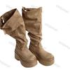 Women's Thick Heels Knee High Boots Khaki Flock Slip on Western Boots Woman Spring Autumn Soft Leather Short Botas Mujer