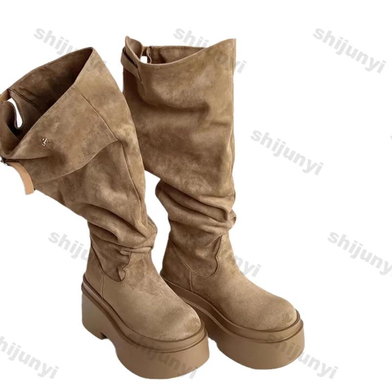 Women's Thick Heels Knee High Boots Khaki Flock Slip on Western Boots Woman Spring Autumn Soft Leather Short Botas Mujer