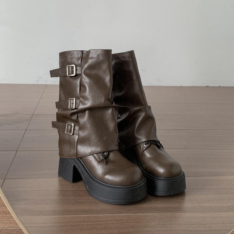 

Autumn Winter Platform Thick Sole Women Pipe Boots Fashion Slip On Dress Shoes Ladies Elegant Height Increase Mid Calf Booties 35