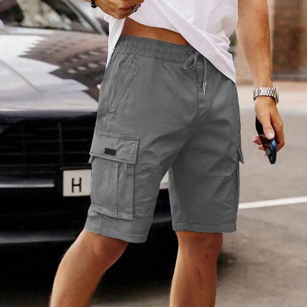 Men's Cargo Shorts Elastic Waist Drawstring  Casual Loose Solid Color Cargo Shorts With Six Pockets
