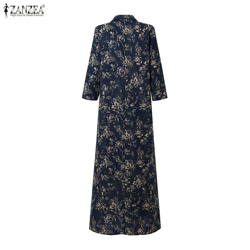 ZANZEA Women Vintage 3/4 Sleeve Lapel  Neck Elegant Buttons Kaftan Floral Maxi Shirts Dress