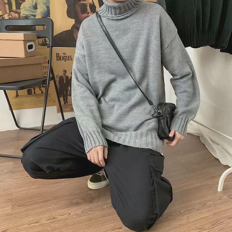 Men's Solid Color Slim Mid-Neck Sweater - Knitted Turtleneck for Autumn/Winter