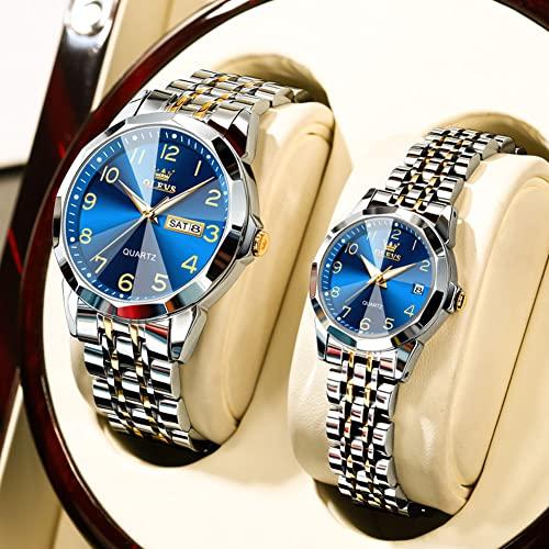 OLEVS Partneruhren, Beliebte Partneruhren, Stilvolles Quarzwerk, Edelstahl, Wasserdicht, Datumsanzeige, Leuchtendes Analogzifferblatt, Leicht ablesbar W