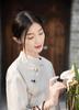 2025 Summer Women's Retro Cotton Linen Stand Collar Color Block Short Sleeve Top for Tea Ceremonies