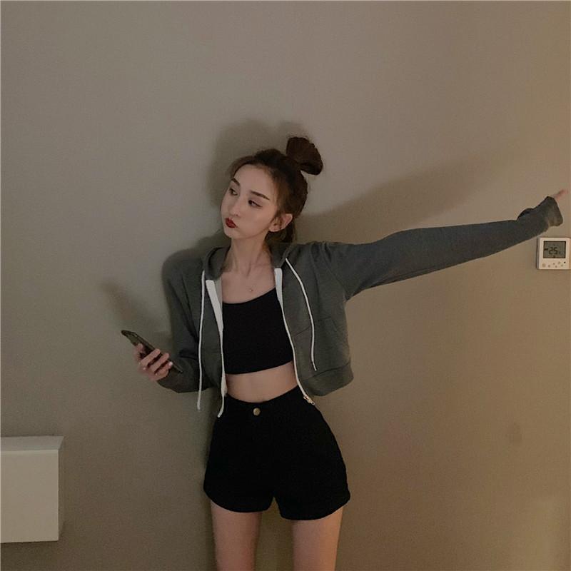 New Spring And Autumn Korean Version Zipper Short Hooded Coat Thin Solid Color Sweater Women