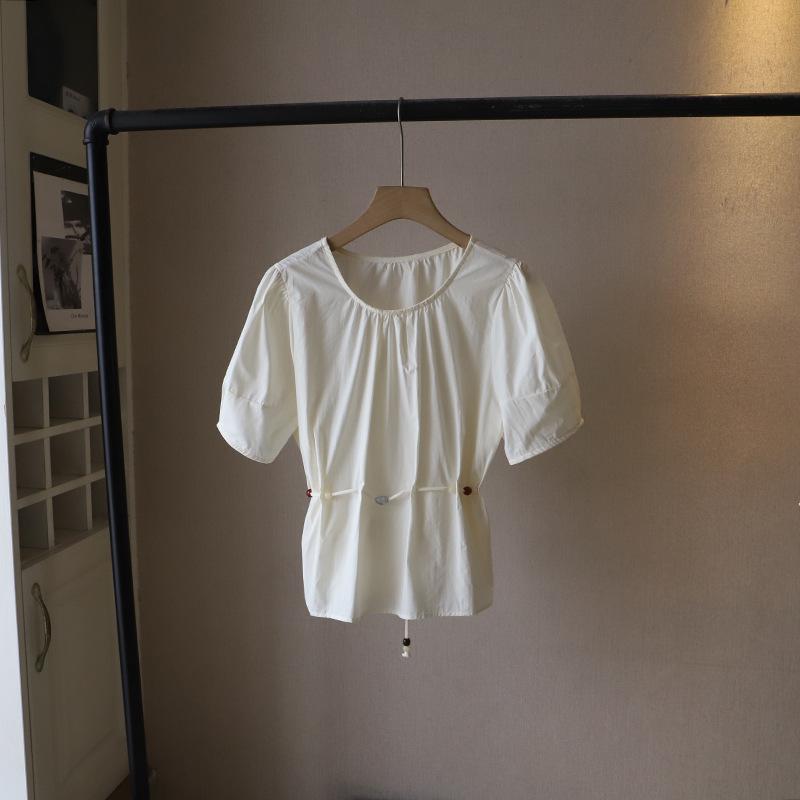 

Korean Style Beaded Tie-Waist Slim Fit Short Sleeve Women s Top One Size абрикосовый