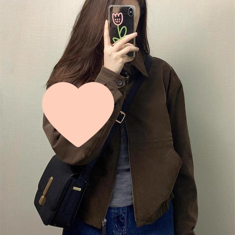 2025 Autumn/Winter Women's Coffee Zipper Cardigan Motorcycle Jacket