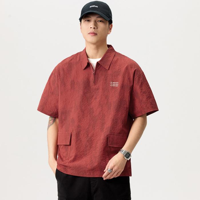 Summer Retro Ice Silk Bubble Textured Pattern Shirt Lapel Loose Casual Short-sleeved Shirt