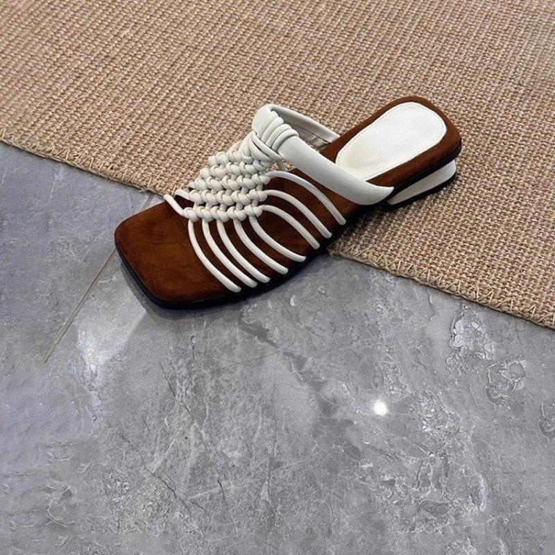 Woven Thin Strap Slippers Summer New Square Toe Open Toe Cutout Breathable Non-slip Wear-resistant Low Heel Shoes