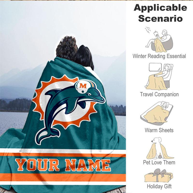 1PC Custom Name Blanket Dolphins Team Flannel Blankets Patterns Throw Blanket All-Season Soft Gift for Couch, Bed, Camping, Birthday Gifts