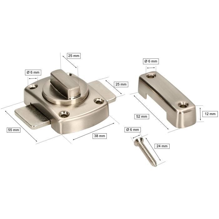 Serrure pour porte de salle de bain KOTARBAU verrou rotatif, fabriqué en acier, résistant aux dommages, couleur nickel, 55x55 mm