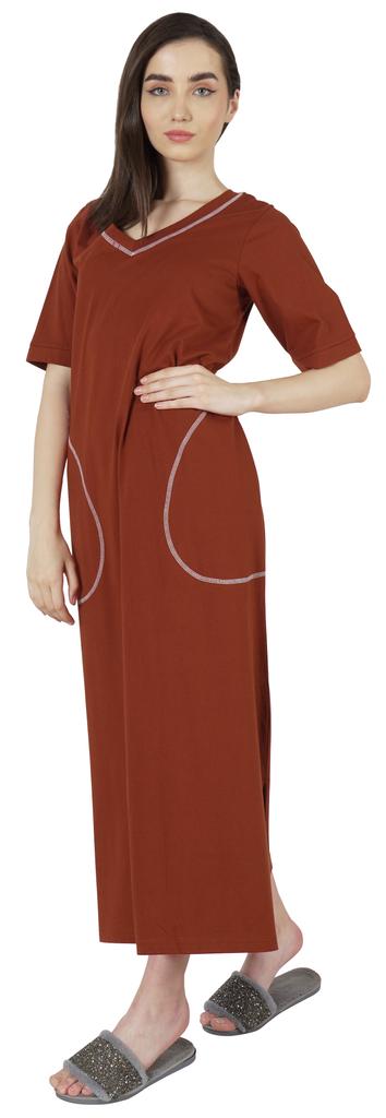 Inkmeso Solid Long Nightgown For Womens V-Neck Loungewear Casual Sleep Dress With