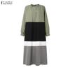 ZANZEA Women Round Neck Long Sleeve Loose Casual Patchwork Long Dress