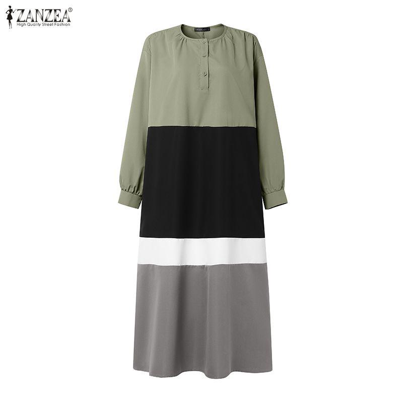 ZANZEA Women Round Neck Long Sleeve Loose Casual Patchwork Long Dress