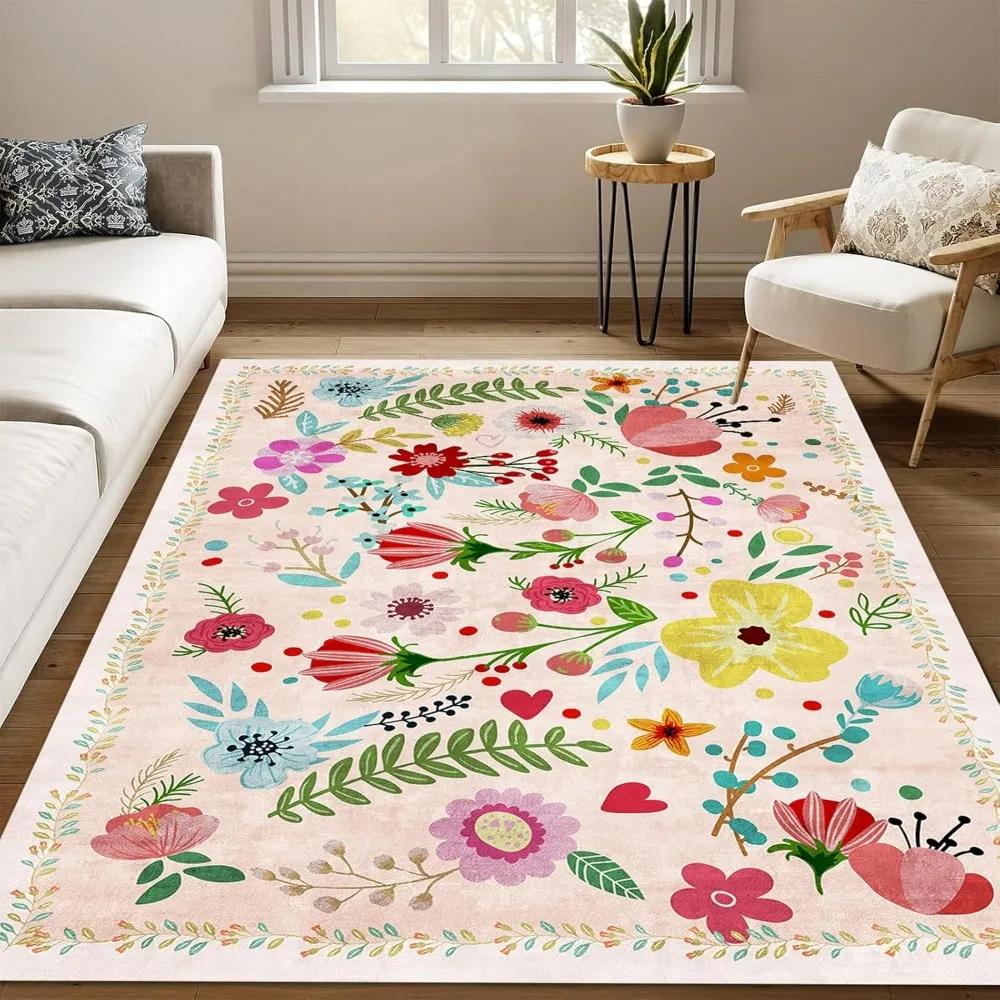 Soft Boho Floral Pattern Carpets for Home Decor Bedroom Area Rugs Kitchen Dinning Coffee Table Non-slip Mat Low Pile Carpet