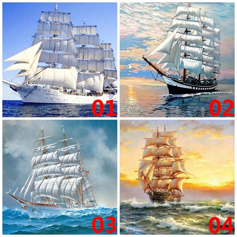 Full borrning Rund 5D Diamantmålning Segelbåt Diamantbroderi Landskap Mosaikdekor Hem Diamantkonst