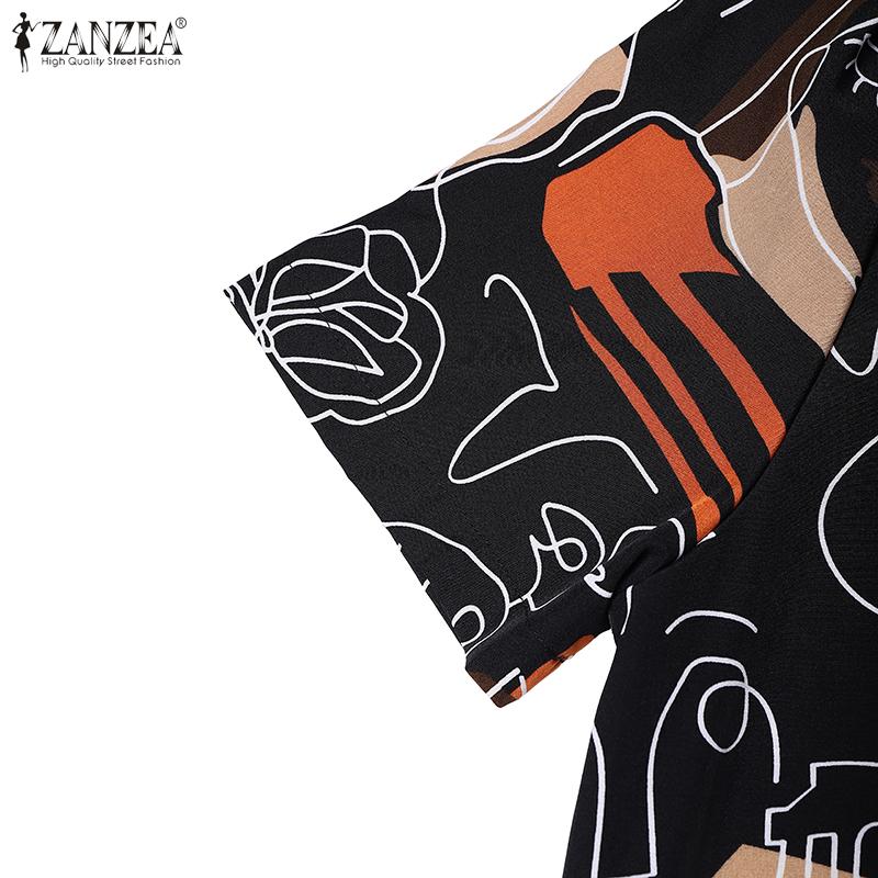 ZANZEA Women Casual Turn Down Collar Short Sleeve Print Dress