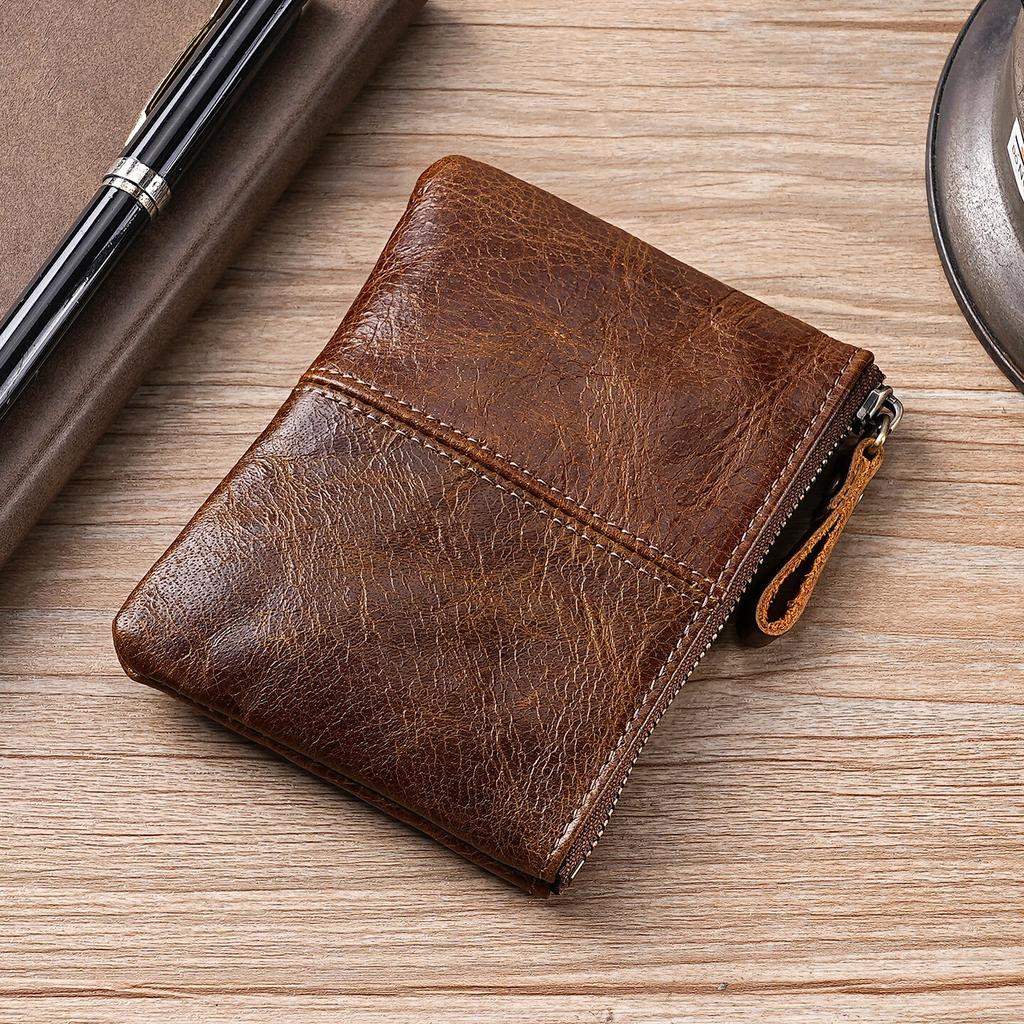 Mens and Women Retro Real Leather Zipper Wallet Card Holder Small Coins Keys Pocket Money Storage Pouch with Chain Key-ring