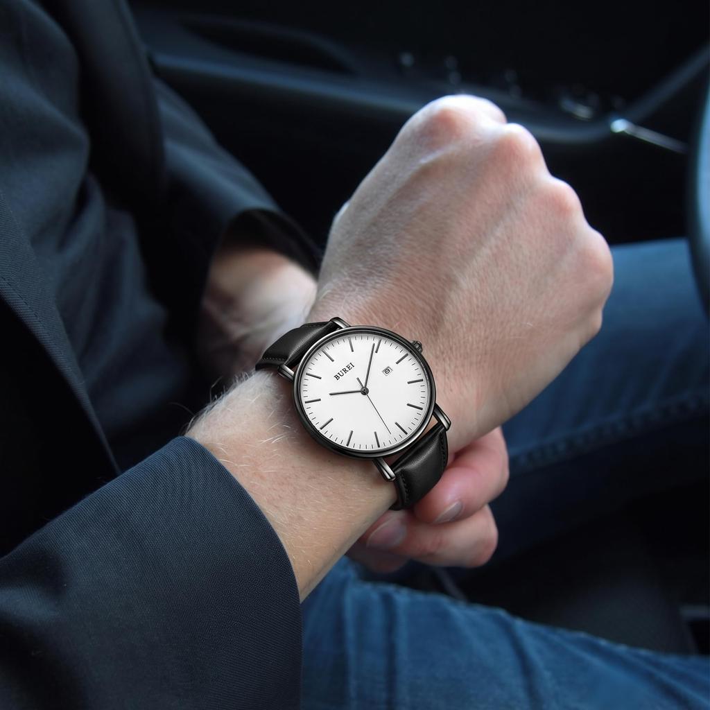 Stylish Leather Watch P [BUREI] Men's Watch, Band, Business, Slim, Brand, Simple, Men's
