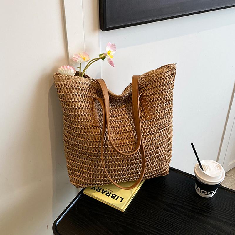 Women Top-Handle Bags Straw Summer Beach Straw Bucket Bag Woven Tote Purse Casual Travel Handbags for Women