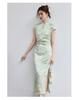 Summer "Smoke Rain Jiangnan" Jade Green Bamboo Printed Cheongsam New Chinese Side Split Dress