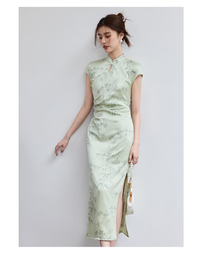 Summer "Smoke Rain Jiangnan" Jade Green Bamboo Printed Cheongsam New Chinese Side Split Dress