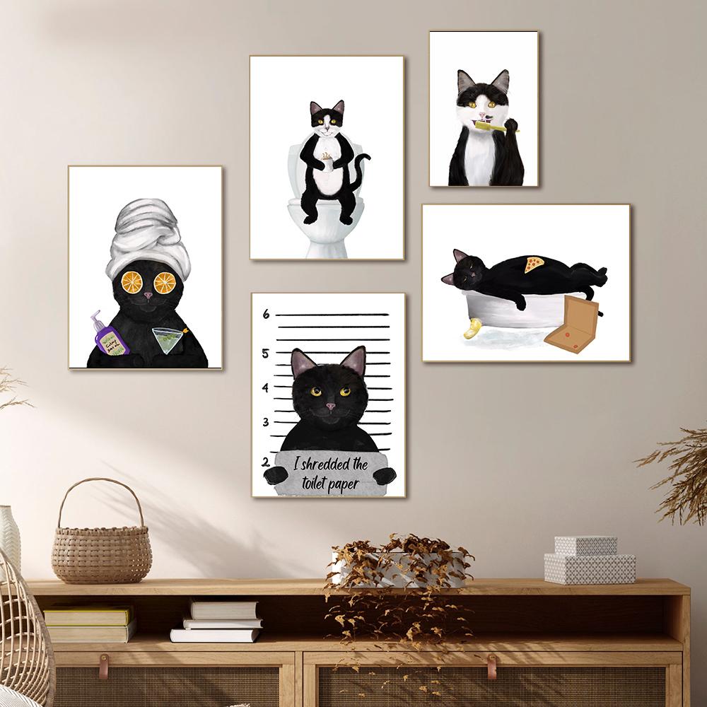 Schwarze Katze, Verbrecherfoto, Wandkunst, Leinwand, Poster, Orange Tabby, Wein trinkend, Drucke, Gemälde, Badezimmer, Zimmer, dekorative Toilettenbilder