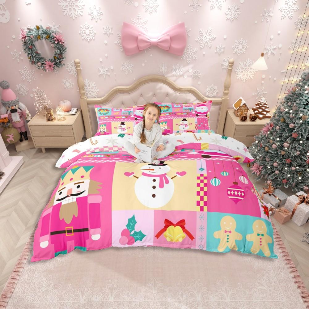 Homewish Vintage Santa Claus Duvet Cover Set for Kids,Kawaii Christmas Snowman Bedding Set,Winter Festival Bed Set