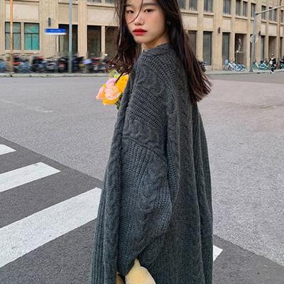 Women Long Sweater Cardigan Twist Texture Long Sleeve Solid Color Open Front Knitting Coat Thickened Outerwear