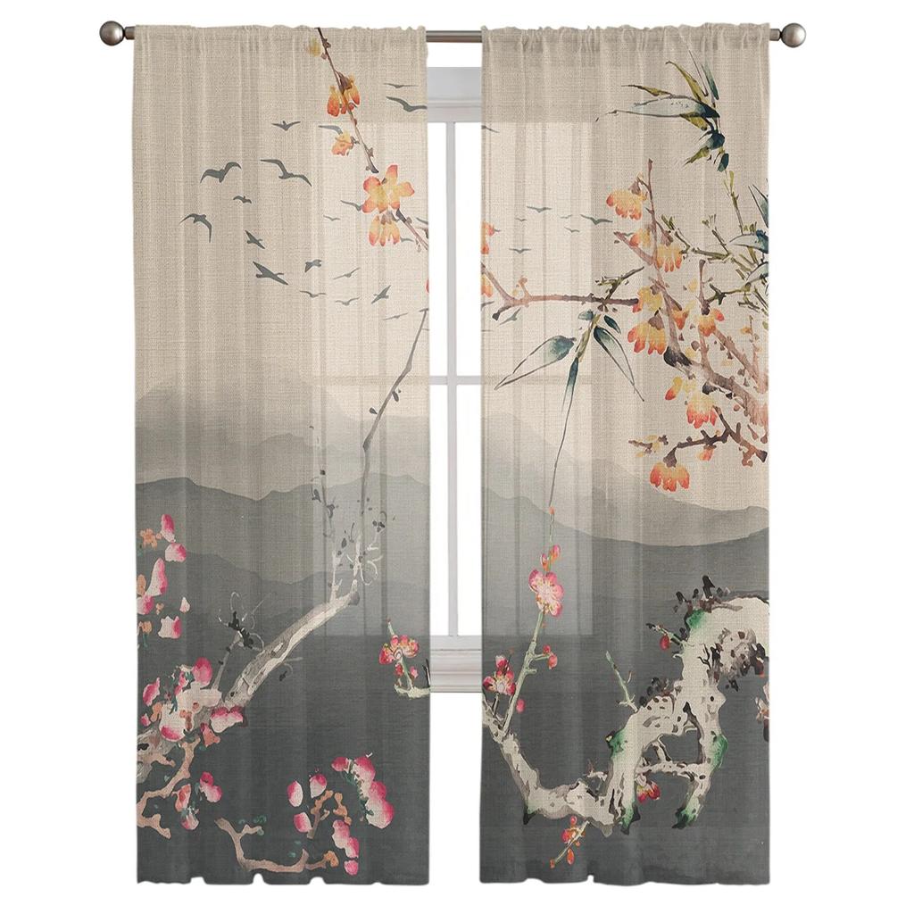 Chinese Painting Plum Blossom Landscape Sheer Curtains for Living Room Bedroom Kids Room Tulle Window Treatment Drapes