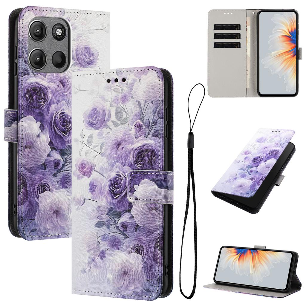Wallet Case for Moto G17 - Leather/PU, Purple, With Lanyard