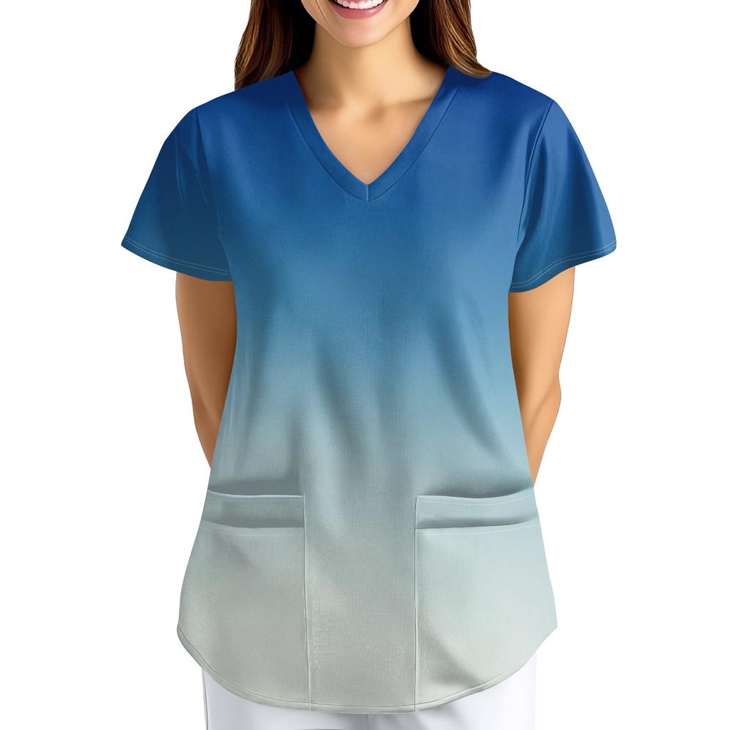 ÜbergrößeBedruckte Kasack Arbeitsuniform Oberteile für Damen V-Ausschnitt mit Überkreuzung Print Kurzarm Lustige T-Shirts Arbeitskleidung T-Shirt mit Taschen